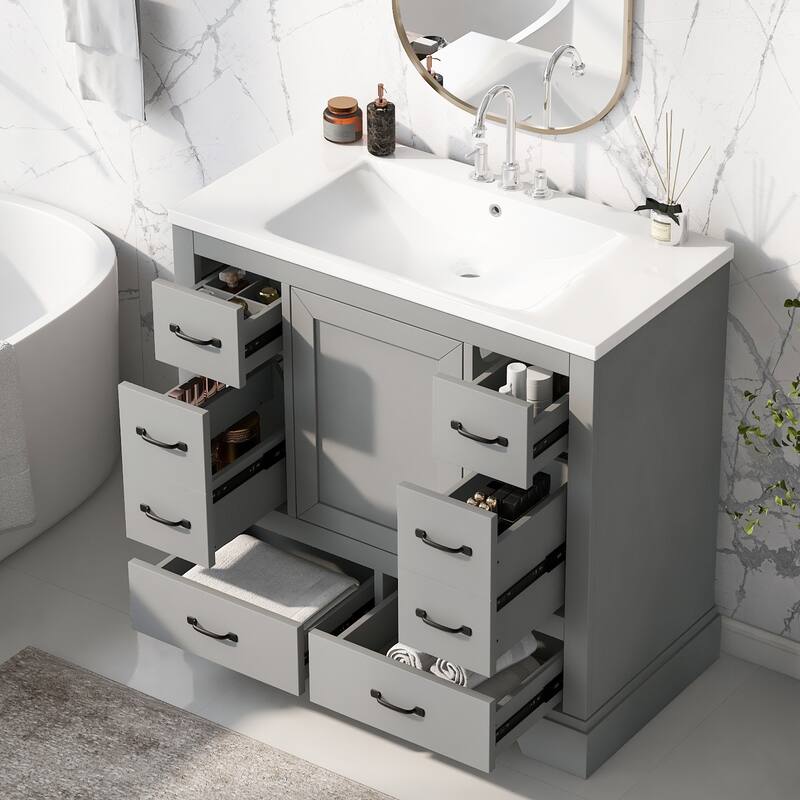 Bathroom Vanity with Ceramic Sink, Vanity Set with 6 Drawers and Soft Closing Door, Bathroom Cabinet with Adjustable Shelf - Grey