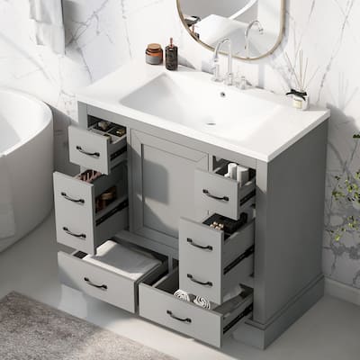 Bathroom Vanity with Ceramic Sink, Vanity Set with 6 Drawers and Soft Closing Door, Bathroom Cabinet with Adjustable Shelf