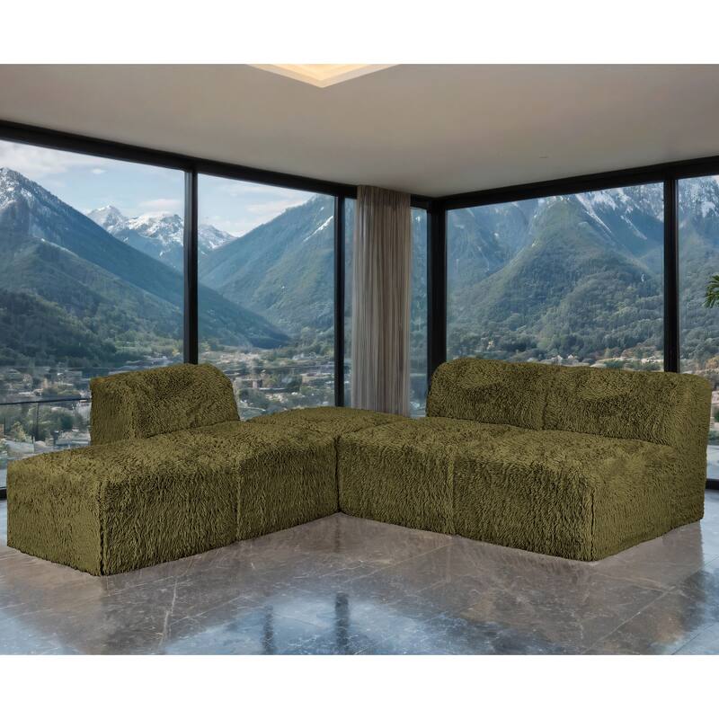 Furniture of America Ylena Modern 5-Piece Faux Fur Foam Modular Armless Compressed Sectional Sofa with Ottoman - Olive Green