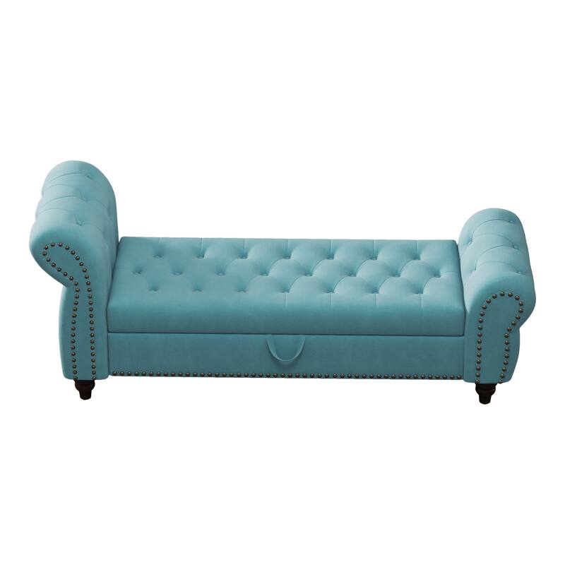 64.5" Storage Bench for Bedroom, Large Capacity Upholstered Ottoman, End of Bed Tufted Chaise Lounge with Rolled Arm