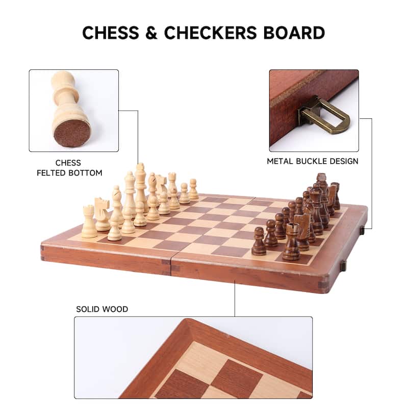 15" Large Wooden Folding 2-in-1 Chess and Checkers Board Game Set with Storage Box