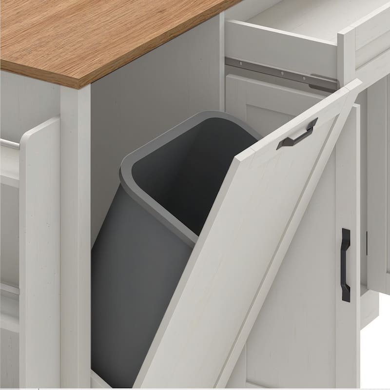 Moasis 50 Inch Drop Leaf Rolling Kitchen Island With Trash Can Storage Cabinet And Drawer