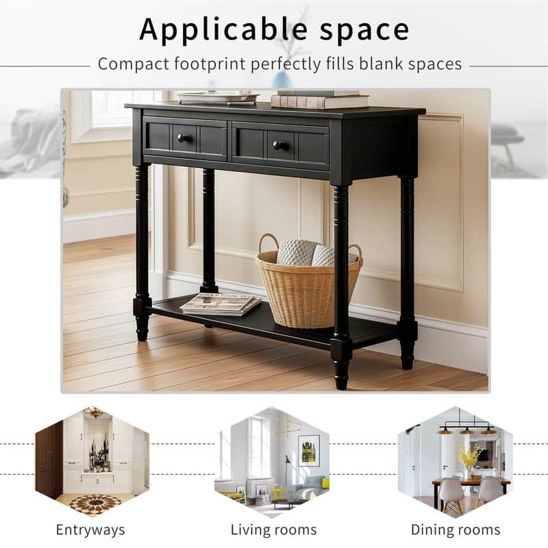 Narrow Console Table, Traditional Pine Wood Design with 2 Drawers and Bottom Shelf for Living Spaces