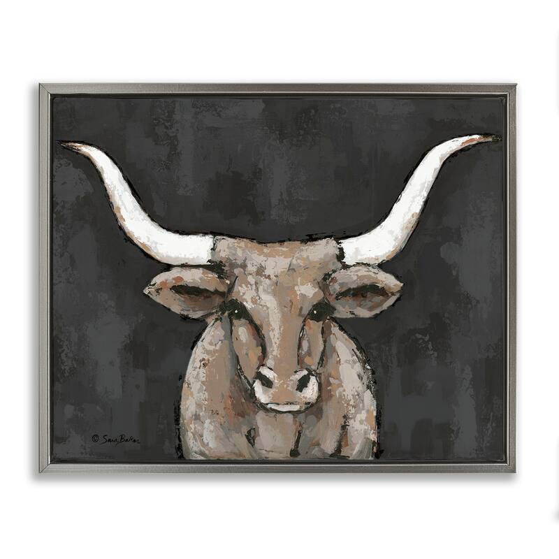 Stupell Longhorn on Murky Grey Framed Floater Canvas Wall Art Design By Sara Baker - 31 x 25 - Grey