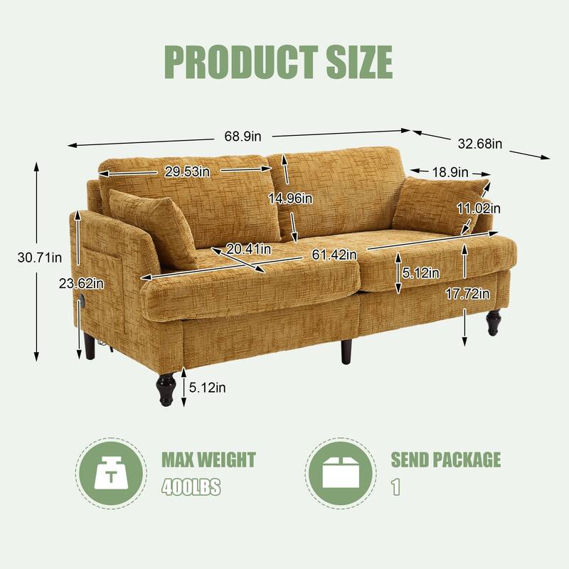Modern Style Chenille 2-Seater Wood-Legged Sofa With Led Light, Usb Charging Port And Storage Bag Living Room Bedroom Study Room