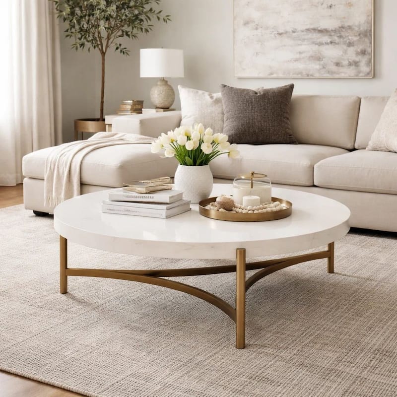 Leyu 46 Inch Round Coffee Table, White Concrete Top, Bronze Tripod Base