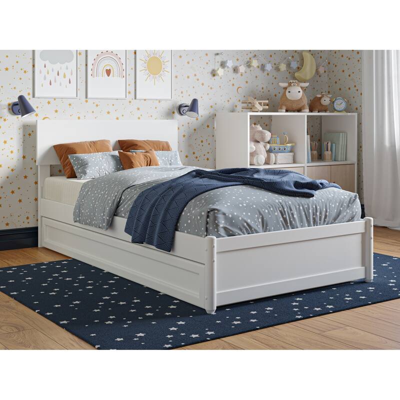 Twin Bed with Trundle & Panel Footboard - White Platform Bed Frame, Adjustable Headboard