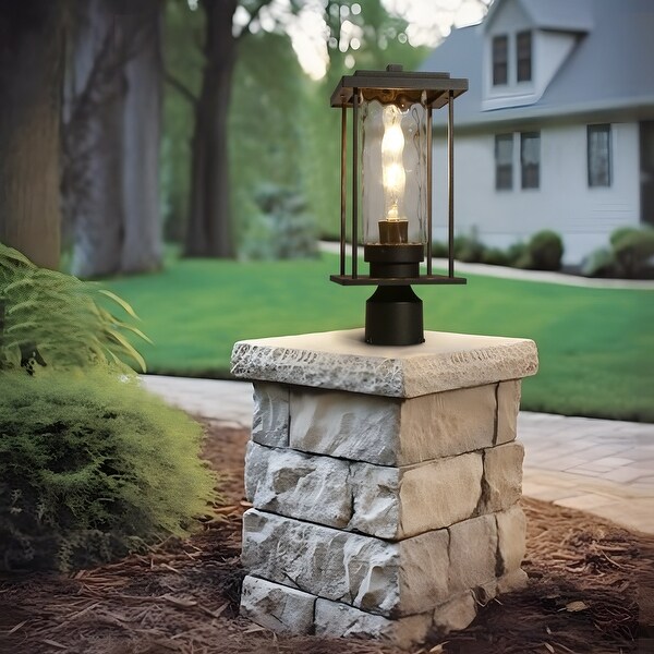 Modern Farmhouse 1 Light Black Outdoor Porch Post Lights with Water Ripple Glass Shade L 6.7 x W 6.7 x H 15.7