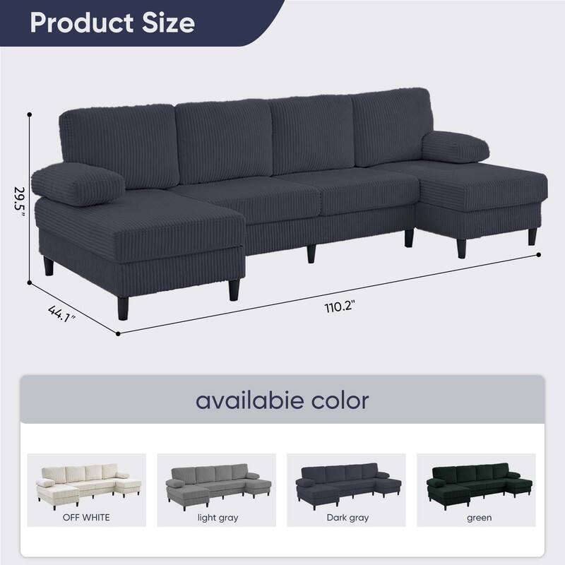 Mixoy W110"U-Shaped Sectional Sofa Couches with Double Chaises and Sleepable Armrests,Corduroy Upholstered 4-Seater Sofa
