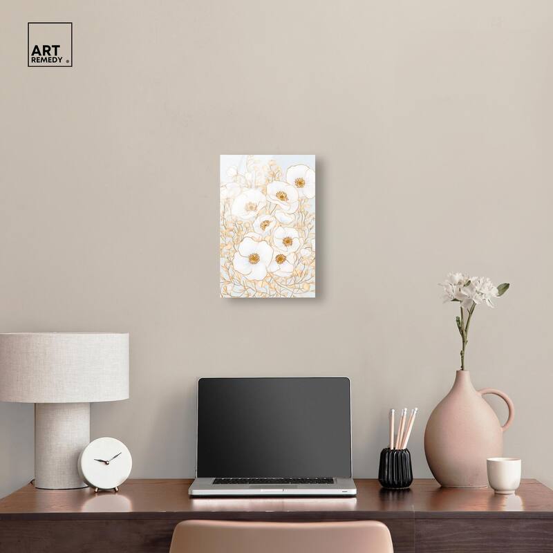 White and Gold Poppies I Acrylic by Art Remedy, Ready to Hang