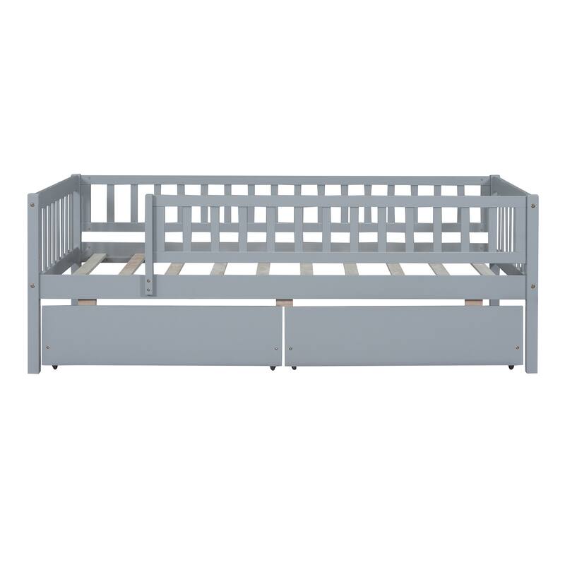 Twin Size Wood Daybed with Two Drawers, Space-Saving Design, Gray Finish