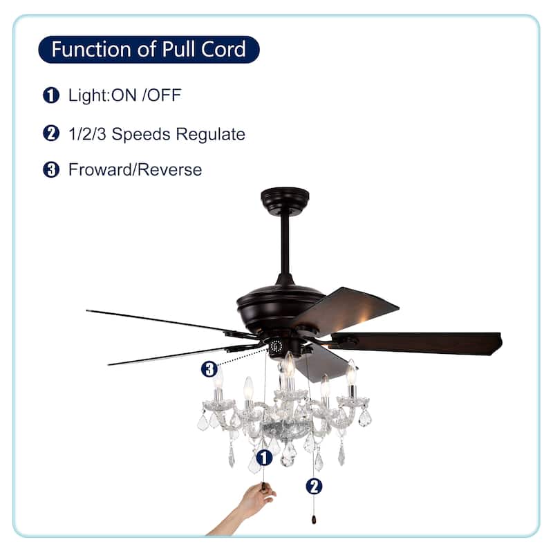 Sofucor 52" Ceiling Fan with Light Remote, Classical Crystal Chandelier fan, 5 Reversible Blades & Reverse Airflow - 52 Inches
