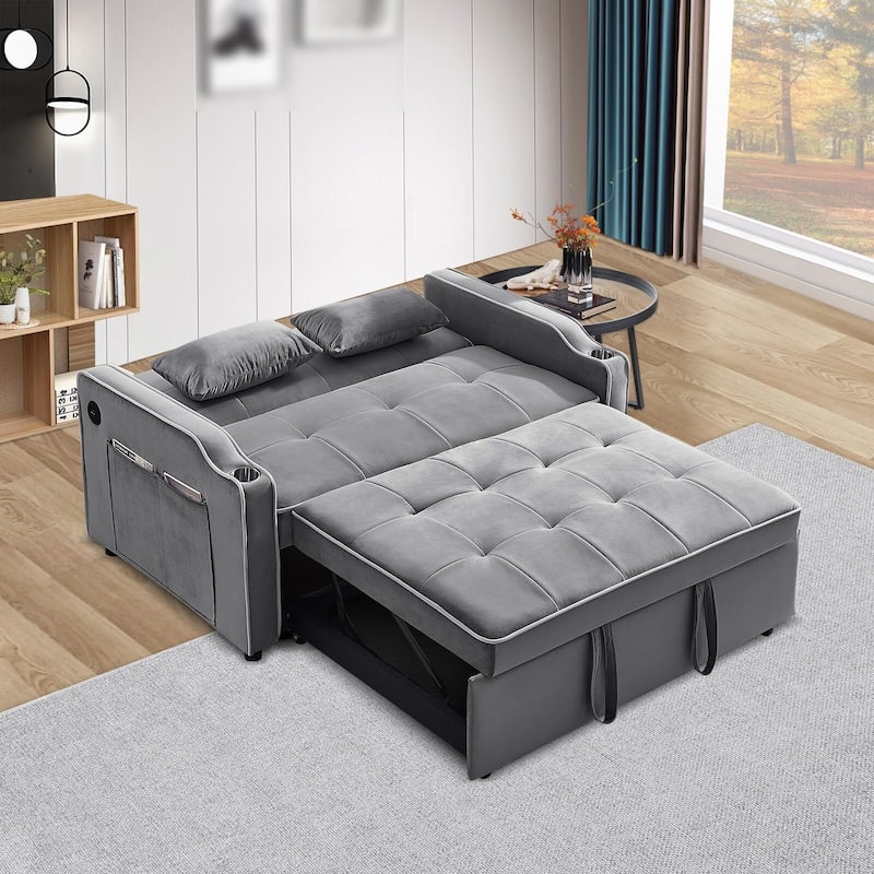 3 in 1 Convertible Sleeper Sofa Bed, Modern Velvet Loveseat Lounge Sofa with Pull-Out Bed