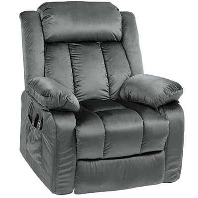 Grey Velvet Comfort Power Recliner Chair with Massage Lumbar Heat and USB Ports Remote Control