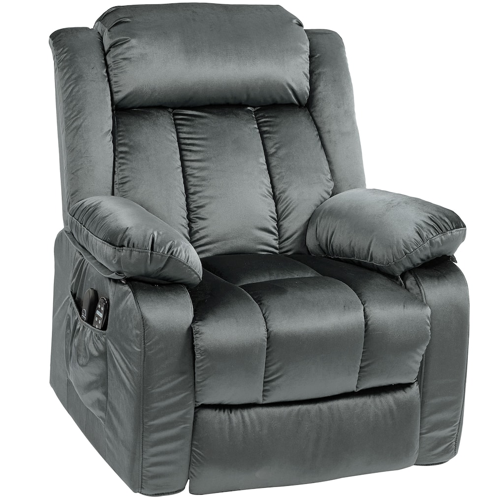 Grey Velvet Comfort Power Recliner Chair with Massage Lumbar Heat and USB Ports Remote Control