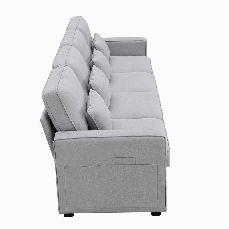 4-Seater Linen Fabric Sofa with Armrest Pockets and 4 Pillows
