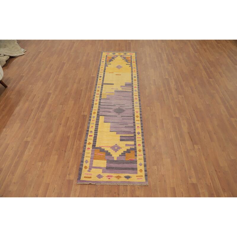 Hand Woven Oriental 100% Wool Carpet Southwestern Tribal Yellow & Gold Kilim Runner Rug - 9' 9'' X 2' 5''