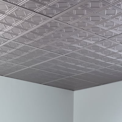 FASÄDE Traditional Style 4 Decorative Vinyl 2ft x 2ft Lay in Ceiling Panel in Argent Silver (5 Pack)
