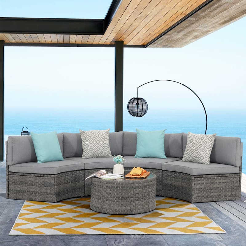 Cushioned Wicker Half-moon 5-piece Outdoor Sectional Set - Grey