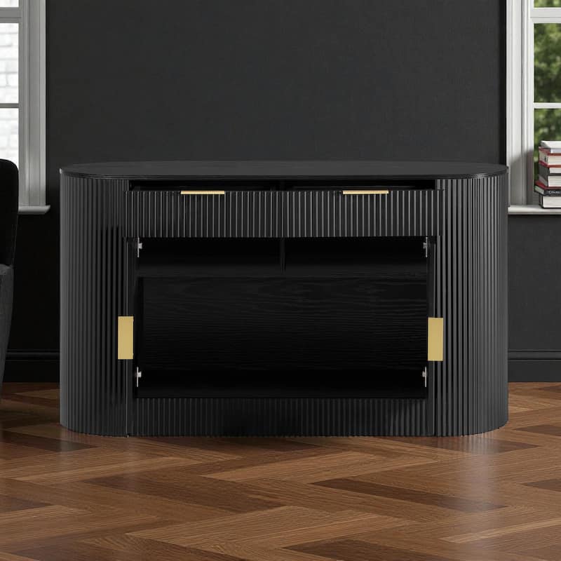 Modern 55.1" Storage Cabinet with Curved Doors, 2 Drawers & Side Shelves, Stripe MDF Buffet Console Table