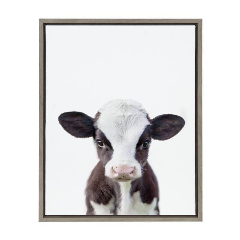 Kate and Laurel Sylvie Baby Cow Portrait Framed Canvas by Amy Peterson - 18x24 - Plastic - Grey