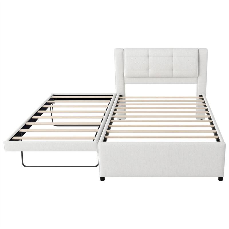 Full Size Upholstered Platform Bed with Pull-Out Trundle, Modern Bed Frame with Headboard, Trundle can be flat or erected