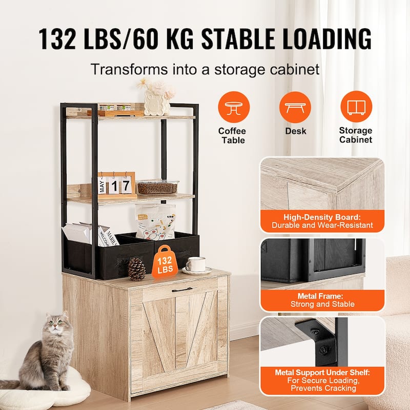Cat Litter Box Enclosure, Hidden Litter Box Furniture with 2 Storage Shelves & 2 Baskets, Wooden Cat Washroom Indoor,