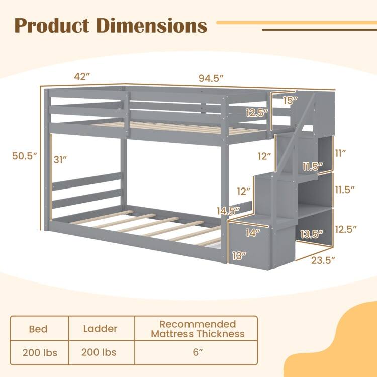 Twin Over Twin Low Bunk Bed with Storage Stairs, Floor Bunk Bed Frame