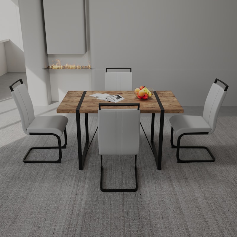 Modern 5-Piece Dining Set with Dark MDF Rectangular Table & 4 High Back Black Metal Legs Chairs