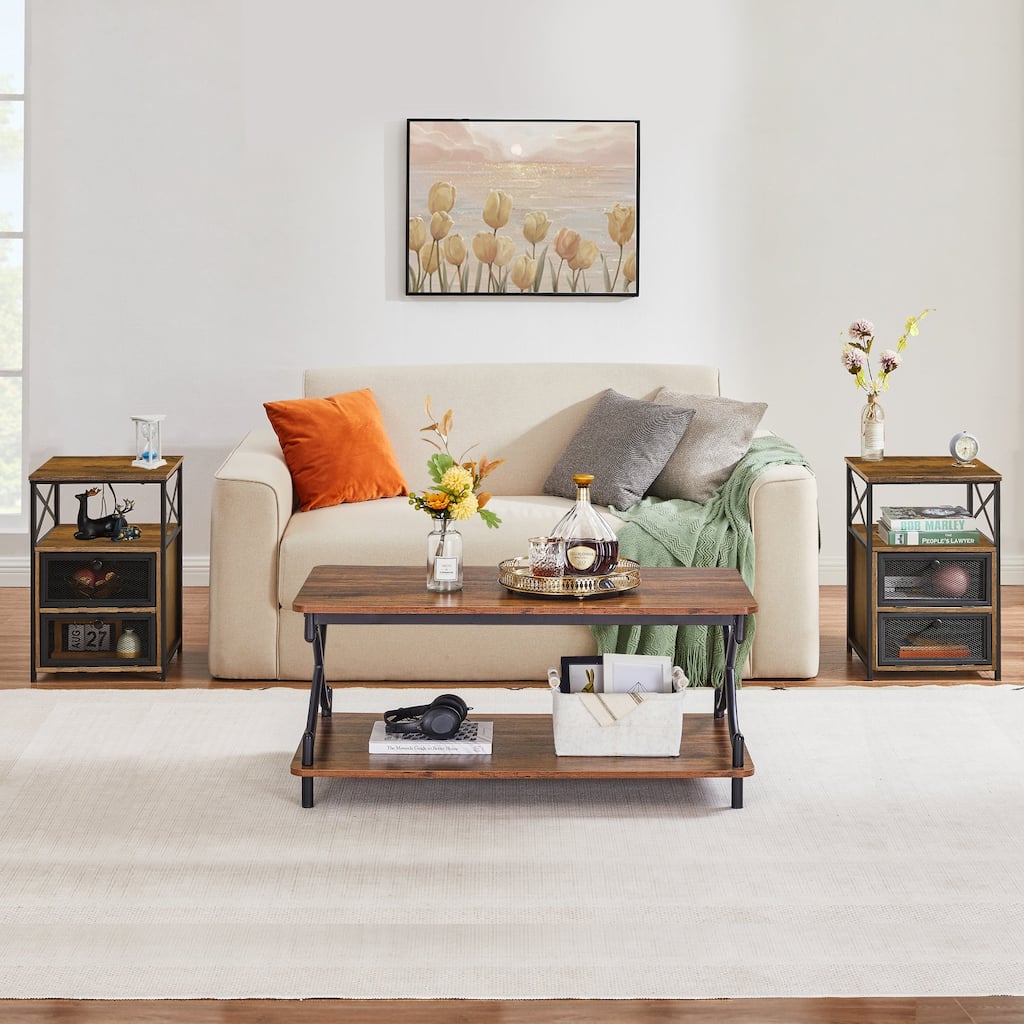 Javlergo 3-Piece Coffee Table Set with Rectangular Coffee Table and 2 Nightstands with 2-drawer, Rustic Brown