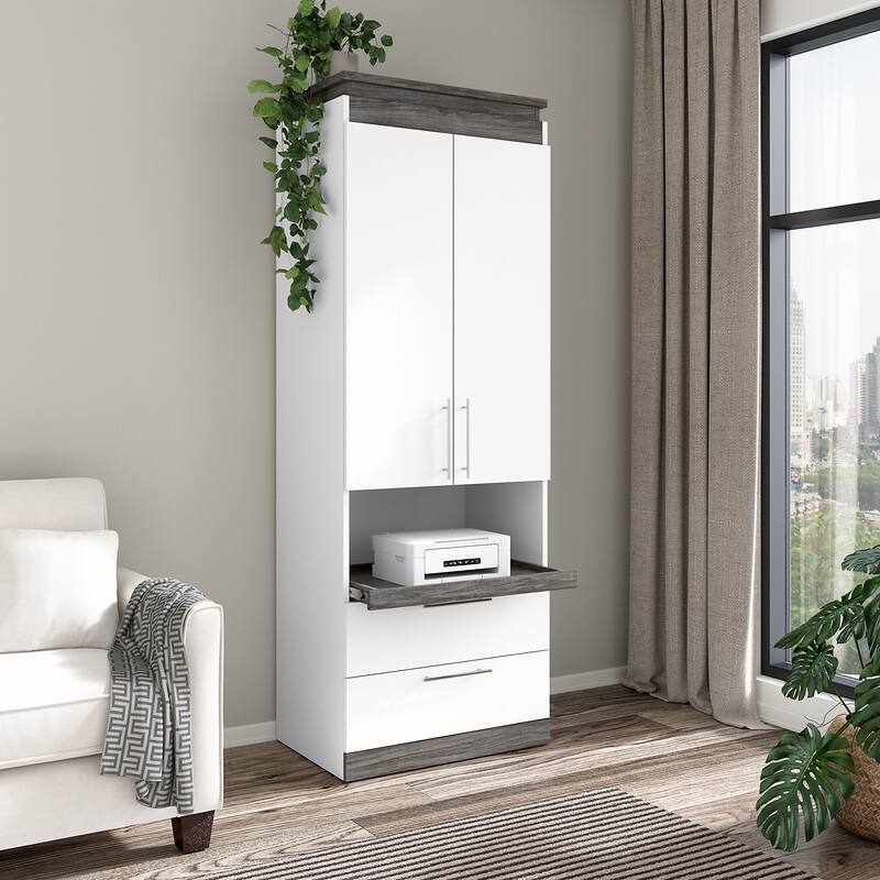 Orion Tall Storage Cabinet with Drawers and Pull-Out Shelf by Bestar - White/Walnut Grey