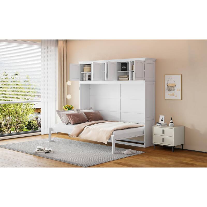 Queen Murphy Wall Bed with Top Cabinets Space Saving Design Easy Storage
