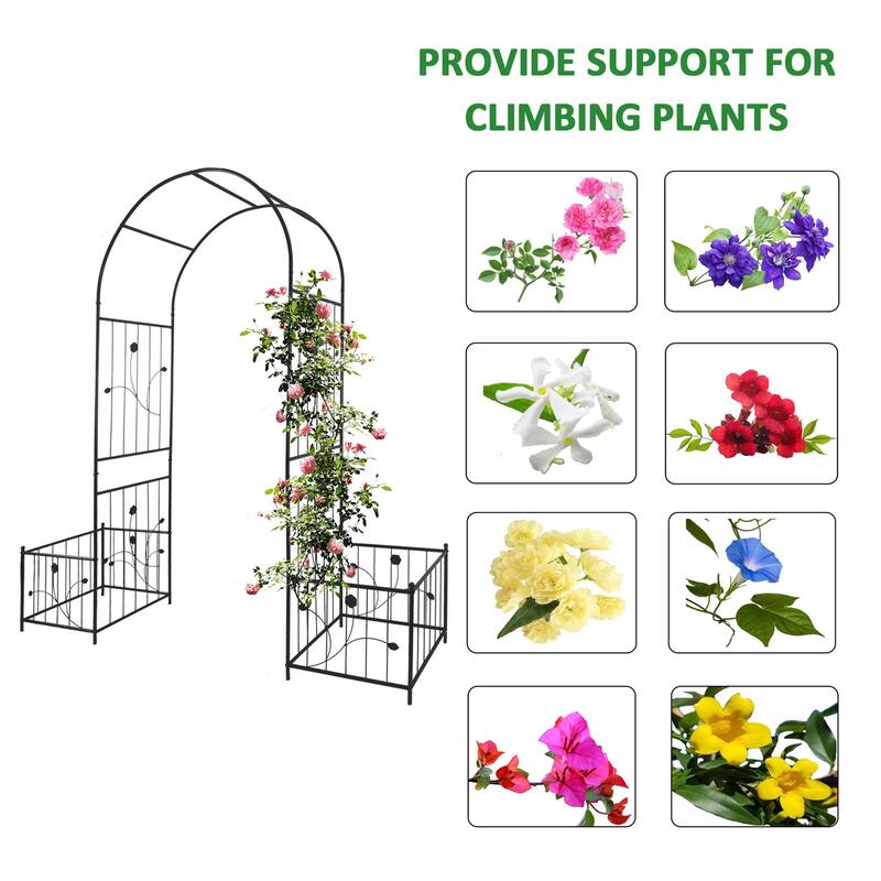 Metal Garden Arch with two plant stands 79.5'' Wide x 86.6'' High Climbing Plants Support Rose Arch Outdoor
