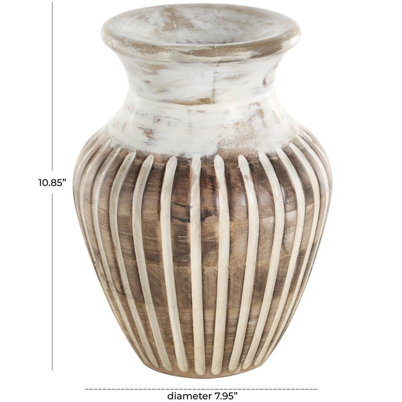 Mango Wood Distressed Decorative Vase with Carved Grooves - Brown - Roche River Decor