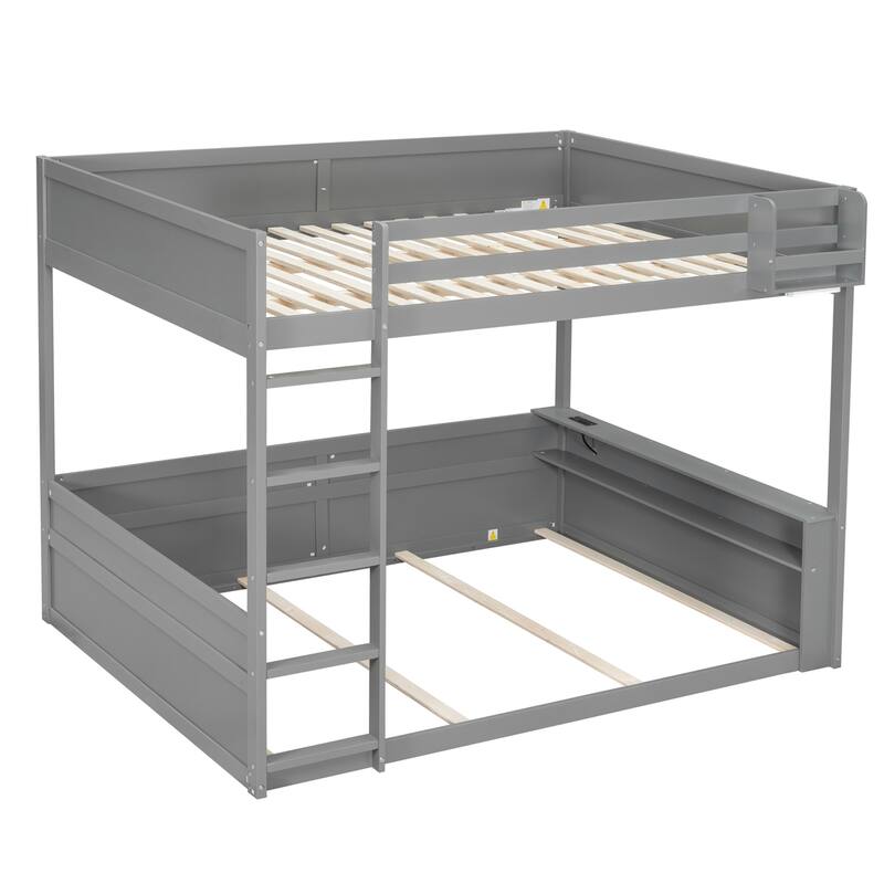 Queen Size Wooden Bunk Bed with Shelves, Storage Box, LED Light, and USB Charging Station, Grey