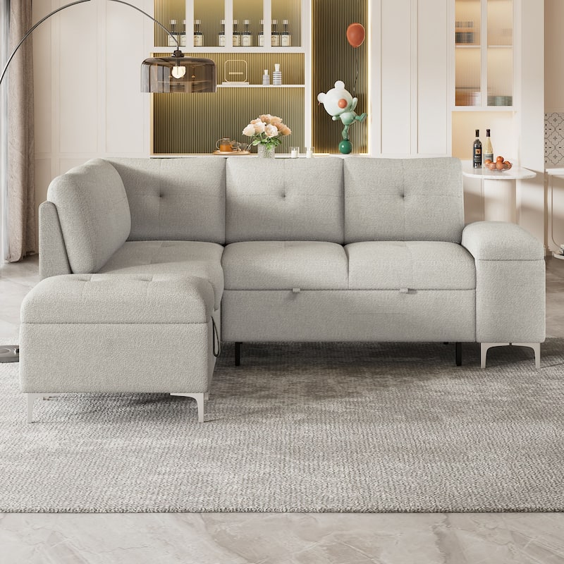 Innovative L-Shaped Convertible Sofa Bed with Ample Storage, USB Ports, and Retractable Backrest