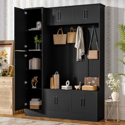 79" Modern Hall Tree with Shoe Storage, 4-in-1 Entryway Bench with 4 Coat Hooks & Adjustable Shelf Mudroom Wood Storage Cabinet