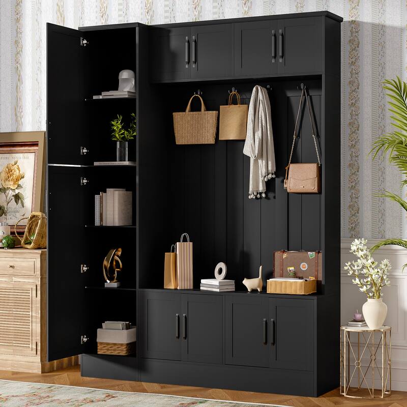 79" Tall Modern Hall Tree with 6 Cabinets, 4 Coat Hooks & Adjustable Shelf - 4-in-1 Entryway Storage Bench - Black