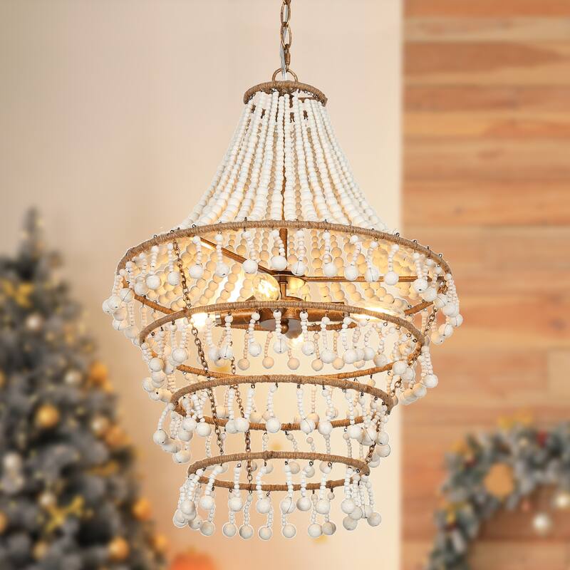 Renia Modern Farmhouse Drum Wood Beaded Chandelier Tiered Boho Chic Foyer Pendant