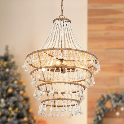 Renia Modern Farmhouse Drum Wood Beaded Chandelier Tiered Boho Chic Foyer Pendant