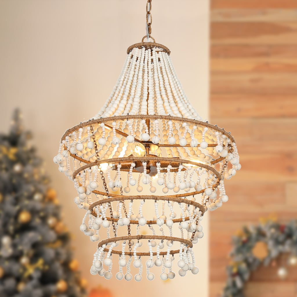 Renia Modern Farmhouse Drum Wood Beaded Chandelier Tiered Boho Chic Foyer Pendant