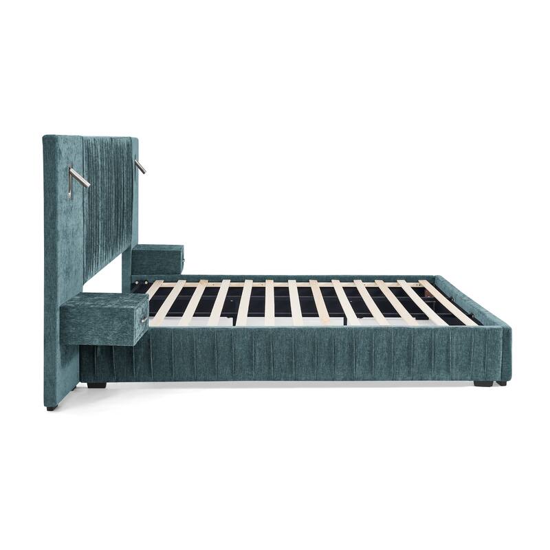 King Size Upholstered Chenille Grounded Bed with Headboard and Solid Frame