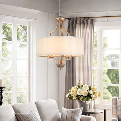 Mid-Century Modern Gold 3-Light Drum Chandelier Fabric Shaded Dining Room Pendant - Deep Gold - 17" D x 20" H