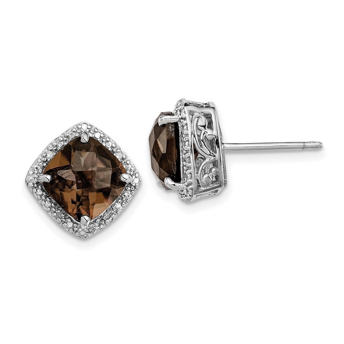 Curata 925 Sterling Silver 13mm Smokey Quartz and Diamond Earrings