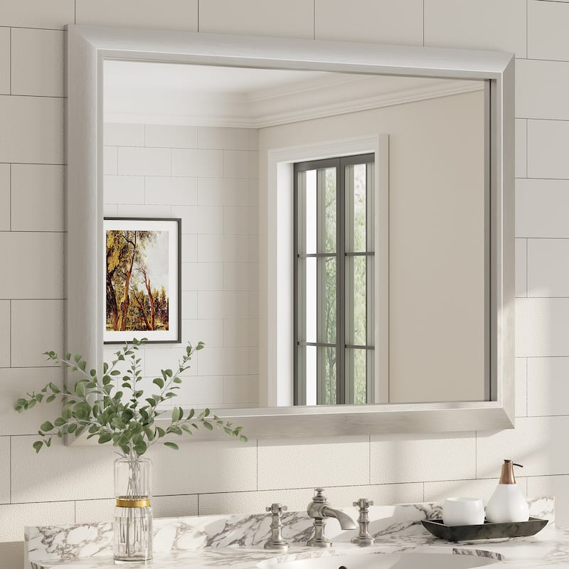 Beveled Metal Rectangle Framed Bathroom Vanity Tempered Glass Mirrors - 40" x 32" - Silver