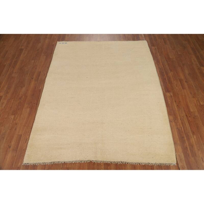 Gabbeh Modern Rug Solid Beige Hand-Knotted Wool Carpet - 5'3"x 6'6"