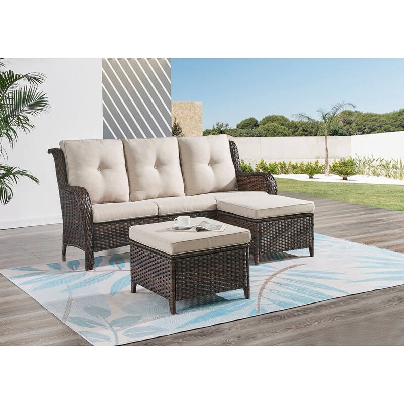 Pocassy 3-Piece Outdoor Wicker Sofa Set with Ottoman - Brown/Beige