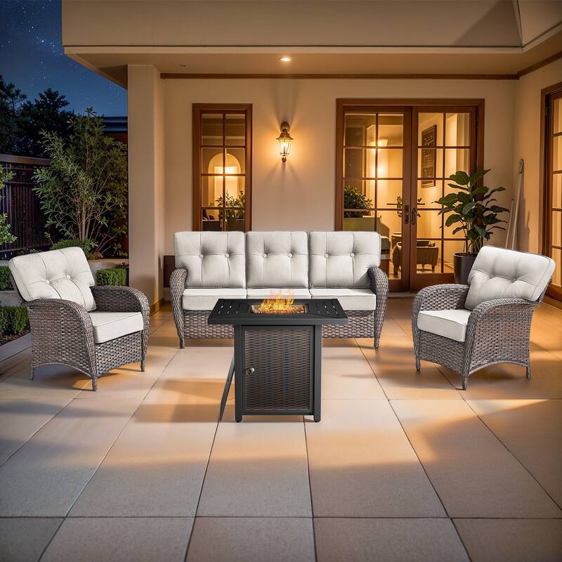 Pocassy Outdoor 30 In Fire Table with Sofa Patio Chair Set - Brown Wicker Beige Cushion - 6-Piece Sofa Patio Chair with Fire Pit Table