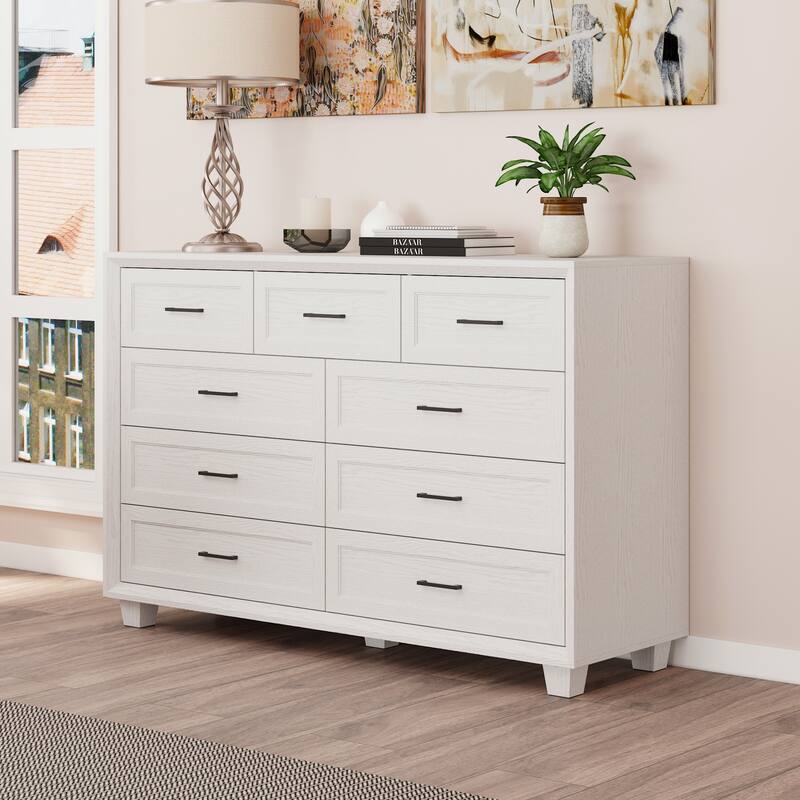 Modern 9-Drawer Dresser with Solid Wood Legs, Vintage Brown and White Wood Grain Options, Bedroom Storage Chest