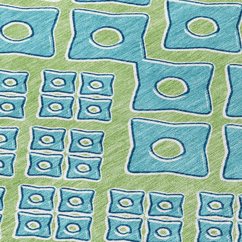 Artichoke Green And Aqua Geometric Washable Indoor Outdoor Area Rug - 3' x 5'